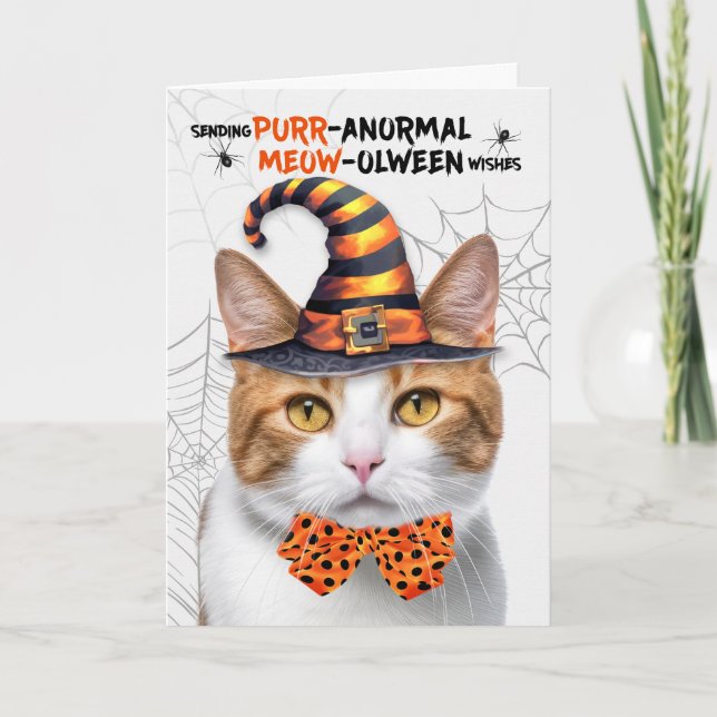 Orange Tabby Halloween Cat PURRanormal MEOWolween Holiday Card (Front)