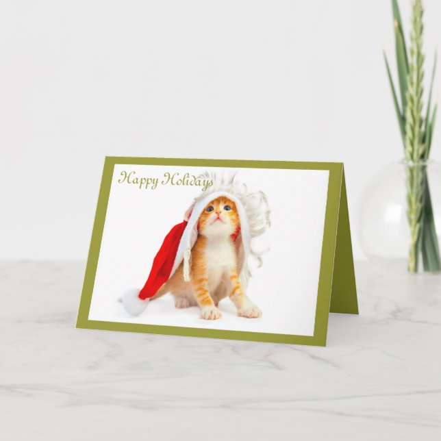 Orange Tabby in Santa Hat Holiday Card (Blank) (Front)