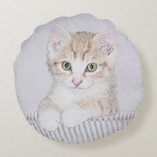 Orange Tabby Kitten Painting - Original Cat Art Round Cushion