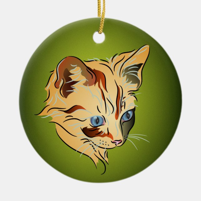 Orange Tabby Kitten with Blue Eyes Christmas Ceramic Ornament (Front)