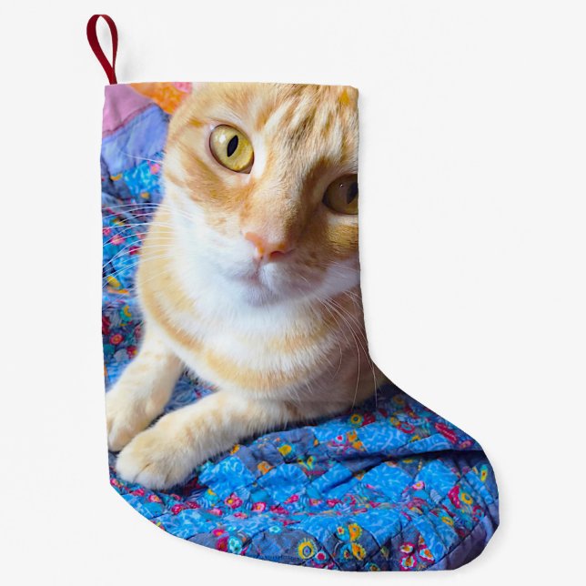 Orange tabby on quilt small christmas stocking (Front)