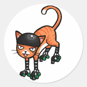 Orange tabby on rollerskates classic round sticker