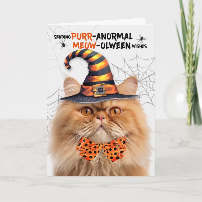 Orange Tabby Persian Cat PURRanormal MEOWolween Holiday Card (Front)