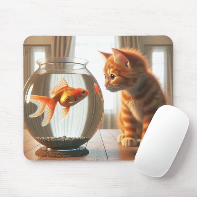 Orange Tabby Staring At a Goldfish Mouse Pad (With Mouse)