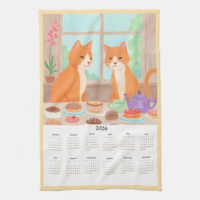 Orange Tabby Tea Party Kitchen Towel Calendar (Vertical)