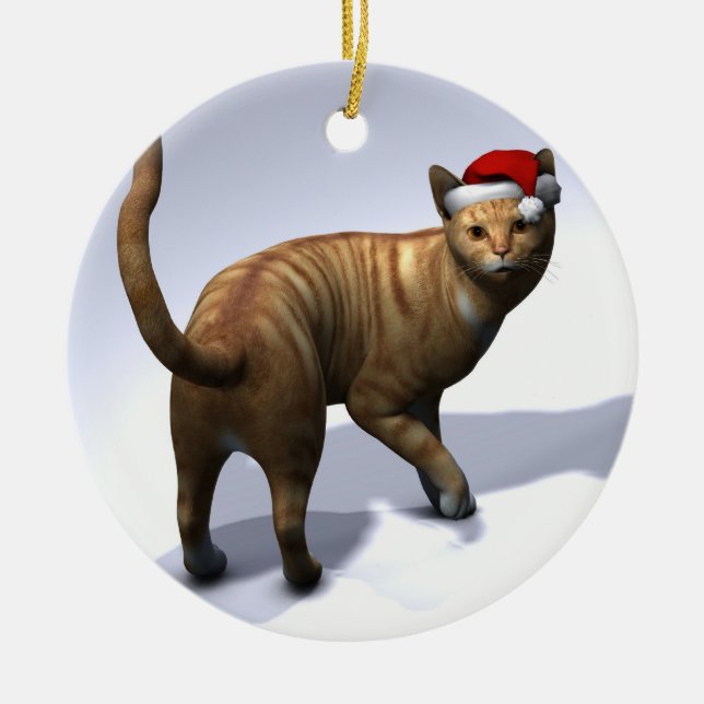 Orange Tabby with Santa Hat Ceramic Ornament (Front)