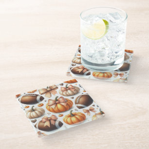 ORANGE & TAN FALL PUMPKINS & FOOTBALLS GLASS COASTER