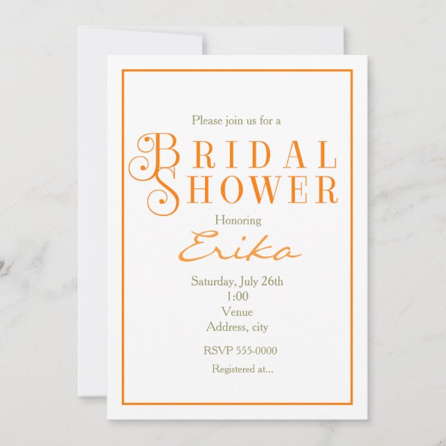 Orange Tangerine Bridal Shower Classy Invitation (Front)