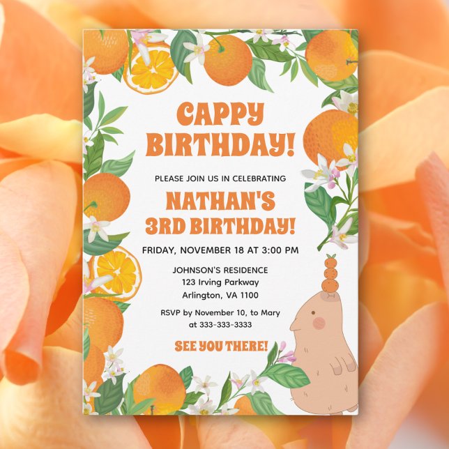 Orange Tangerine Capybara Kids Fun Cappy Birthday Invitation (Creator Uploaded)