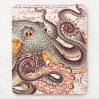 Orange Tangerine Octopus Tentacles Vintage Map Mouse Pad