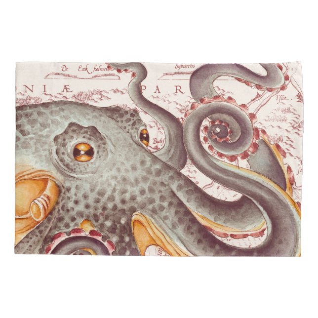 Orange tangerine Octopus Tentacles Vintage Map Pillowcase (Back)