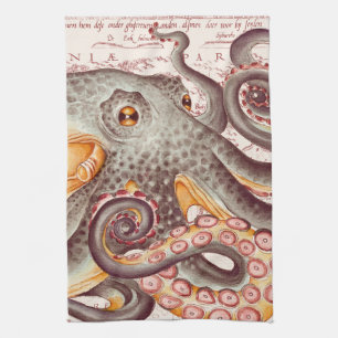 Orange tangerine Octopus Tentacles Vintage Map Tea Towel