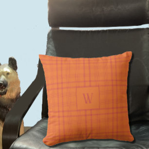 Orange Tartan Pattern Monogram Throw Pillow