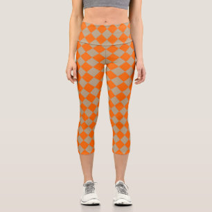 Orange Taupe Checker Diamond Pattern Capri Leggings