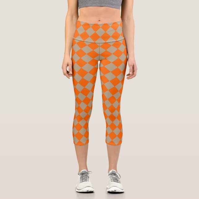 Orange Taupe Checker Diamond Pattern Capri Leggings (Front)