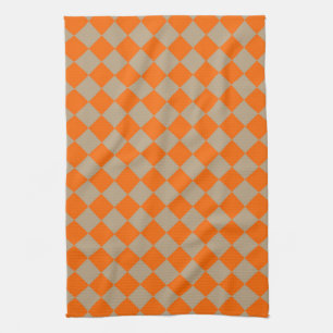 Orange Taupe Checker Diamond Pattern Tea Towel