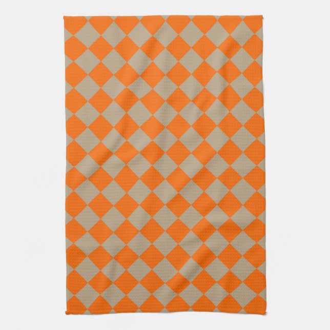 Orange Taupe Checker Diamond Pattern Tea Towel (Vertical)