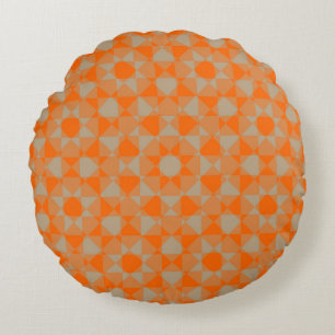 Orange Taupe Checker Diamond Plaid Pattern Round Cushion