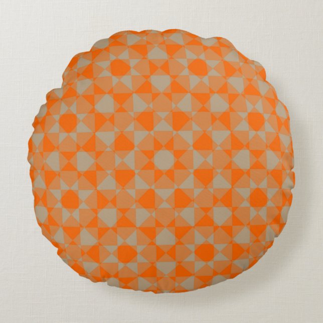 Orange Taupe Checker Diamond Plaid Pattern Round Cushion (Front)