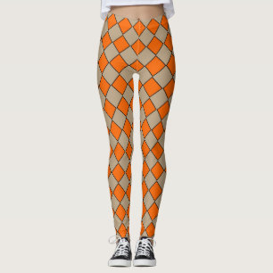 Orange Taupe Chequered Diamond Pattern Leggings