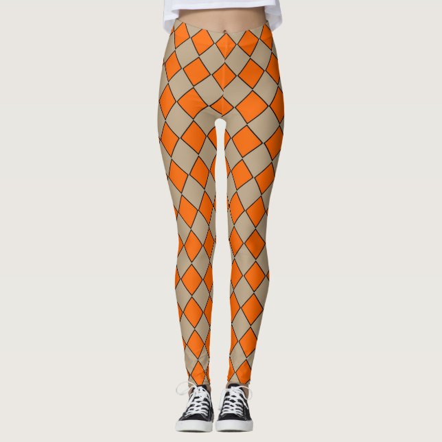 Orange Taupe Chequered Diamond Pattern Leggings (Front)