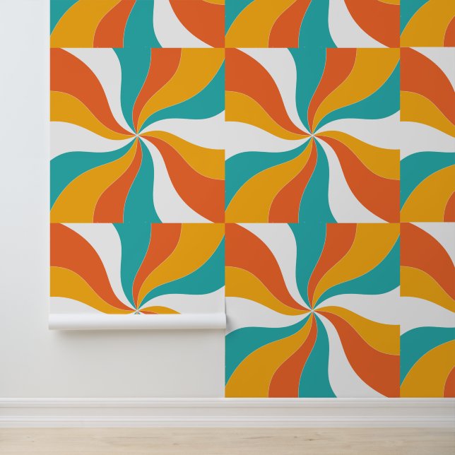 Orange, Teal and White Retro Abstract Pattern Wallpaper (Application)