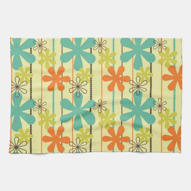 Orange, Teal, and Yellow-Green Flowers and Stripes Tea Towel (Horizontal)