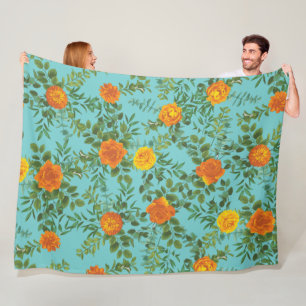 Orange & Teal Aqua Peony & Rose Floral Wedding Fleece Blanket