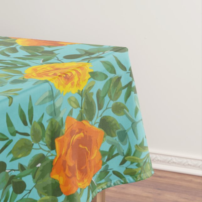 Orange & Teal Aqua Peony Rose Floral Wedding Tablecloth (In Situ)