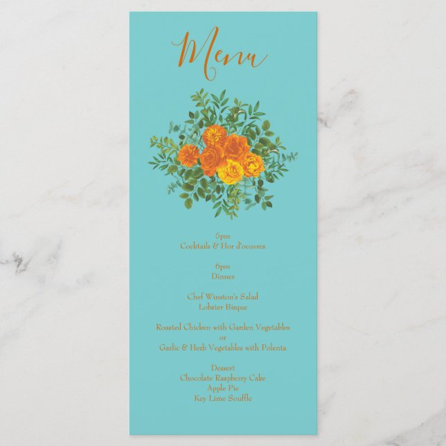 Orange & Teal Aqua Peony & Rose Wedding Menu (Front)