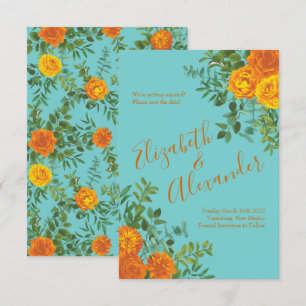 Orange Teal Aqua Peony Rose Wedding Save Date Invitation