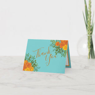 Orange & Teal Aqua Peony Rose Wedding Thank You Card