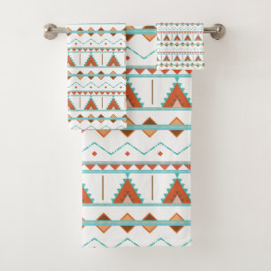 Orange & Teal Aztec Pyramids Geometric Pattern Bath Towel Set