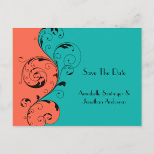 Orange Teal Black Swirls Save The Date Announcement Postcard