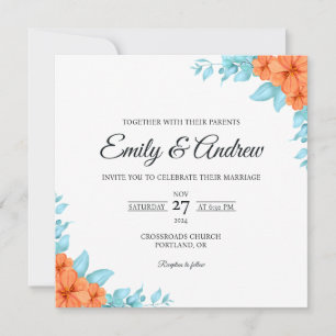 Orange Teal Bloom Floral Watercolor Square Wedding Invitation