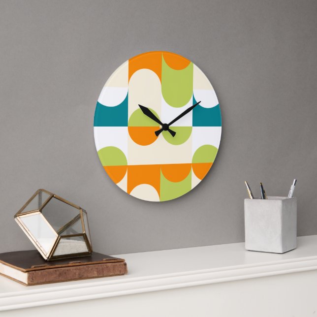 Orange Teal Blue Lime Green Retro Art Pattern Large Clock (Office)