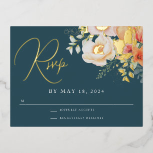 Orange Teal Blue Spring Peach Floral Wedding RSVP Foil Holiday Postcard