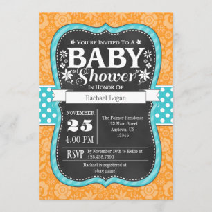 Orange Teal Chalkboard Floral Baby Shower Invite