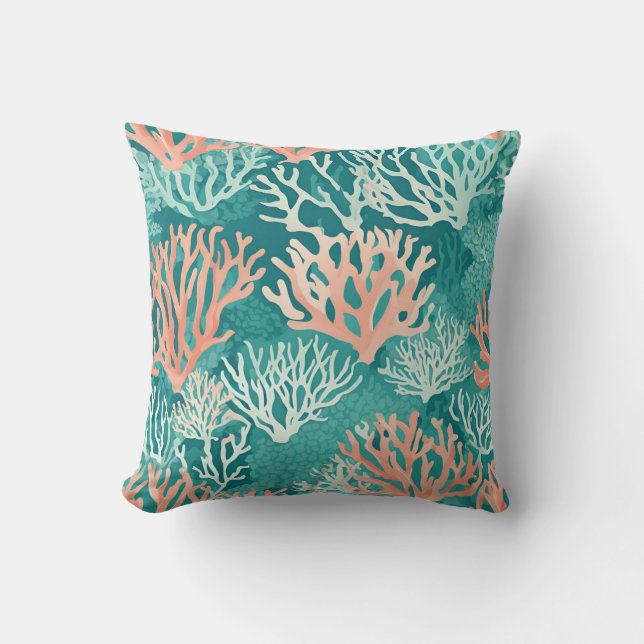 Orange Teal Coral Ocean Nautical Beachy Cushion (Front)