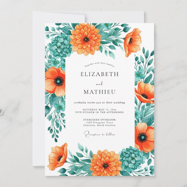 Orange Teal Effervescent Summer Wedding Invitation (Front)