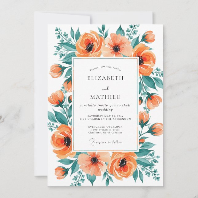 Orange Teal Exquisite Coastal Wedding Invitation (Front)