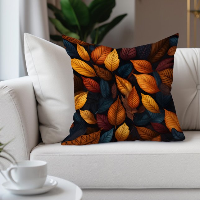 Orange Teal Fall Autumn Leaves Cushion (Warm burnt orange fall/autumn leaves decorator pillow)