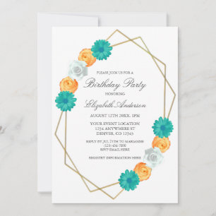 Orange Teal Floral Geometric Birthday Invitation