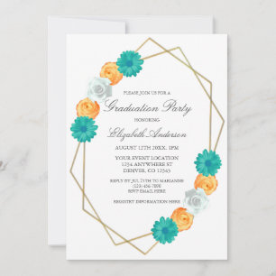 Orange Teal Floral Geometric Graduation Invitation