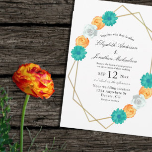 Orange Teal Floral Geometric Wedding Invitation