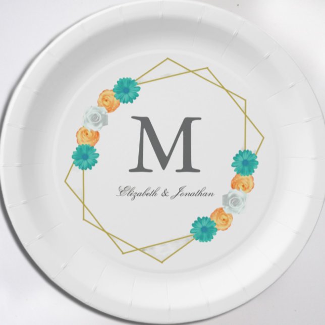 Orange Teal Floral Geometric Wedding Paper Plate (Creator Uploaded)