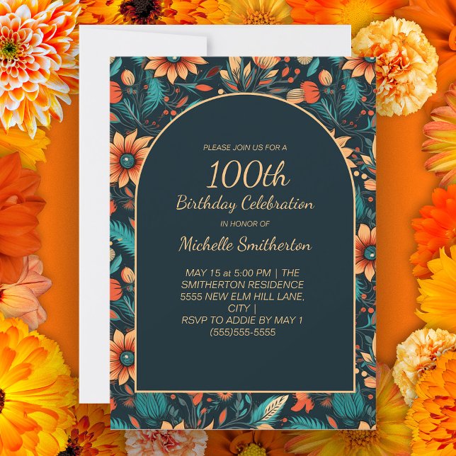 Orange Teal Flowers Black 100th Birthday Arch Invitation (Orange and teal floral on black arch 100th birthday party invitation for women.)