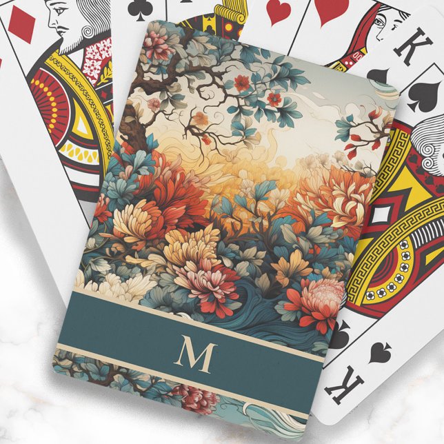 Orange Teal Flowers Leaves Monogram Initial Playing Cards (Elegant orange and teal flowers and leaves monogram playing cards)