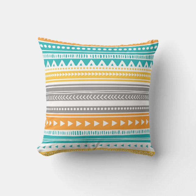 Orange Teal Grey Tribal Decorative Pillow (Front)