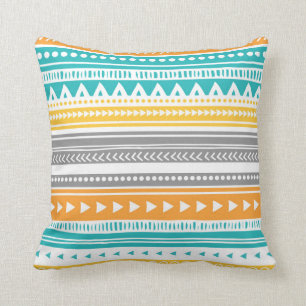 Orange Teal Grey Tribal Decorative Pillow